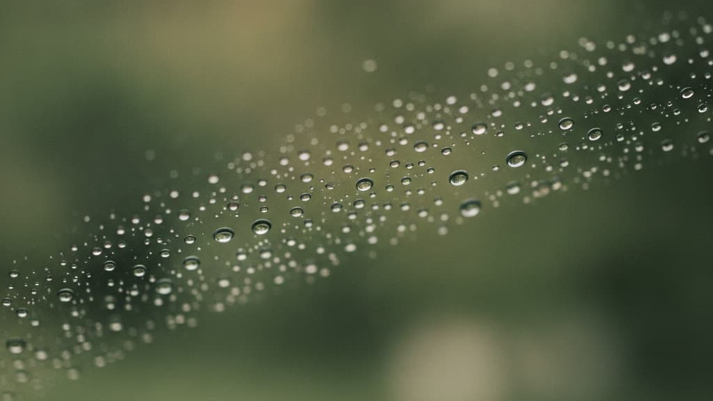 ガラスの表面に丸く玉になって並んだ雨粒。奥の緑がぼやけている