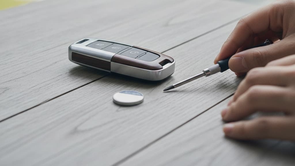 木のテーブルに置かれたスマートキーと、その手前の小さなボタン電池。右手が細いドライバーを持ち、左手はテーブルに置かれている