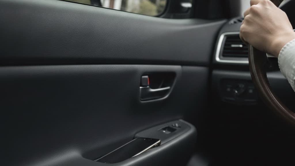 運転席のドアポケットに画面を伏せて置かれたスマートフォン。右上でハンドルのふちを手が握っている