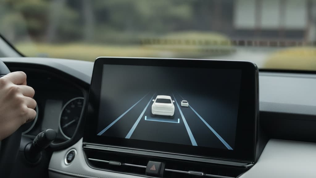 車のセンター画面に、車線の線と前の車、自車を示す図が表示されている運転支援の画面。左に運転者の手とハンドルが見える