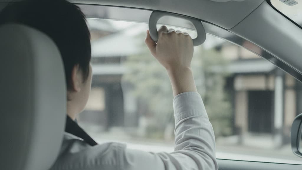 車内で、同乗者の手が天井のアシストグリップを強く握っている。白いシャツの袖とシートベルトが見え、窓の外の街並みは流れてぼけている