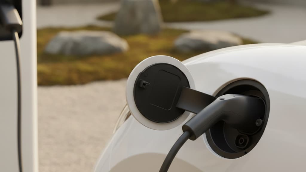 車の側面の充電口にコネクタが差し込まれ、太いケーブルが左手前の充電スタンドへ伸びている