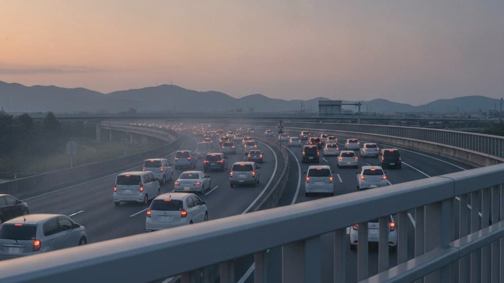 夏の夕暮れ、高架の欄干越しに見下ろした高速道路。両方向に渋滞した車の尾灯が連なる