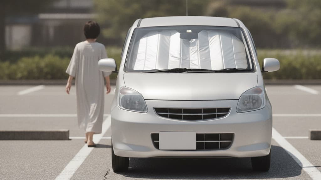 真夏の強い日差しの駐車場。フロントガラスにサンシェードを立てた銀色の小型車と、その運転席側へ歩み寄る人の後ろ姿