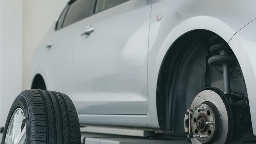 リフトで持ち上げた銀色の車の前輪が外され、ブレーキディスクとハブのボルトがむき出しになっている。手前には銀色のホイールに組まれた新しいタイヤが立ててある