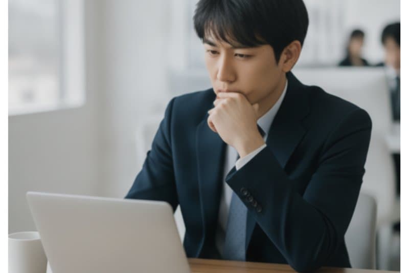 ノートパソコンの前で考え込む担当者