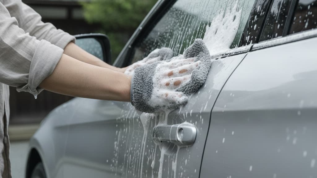 洗車ミットをはめた手が、白い泡を車のドアに広げている。塗装を水滴が伝っている