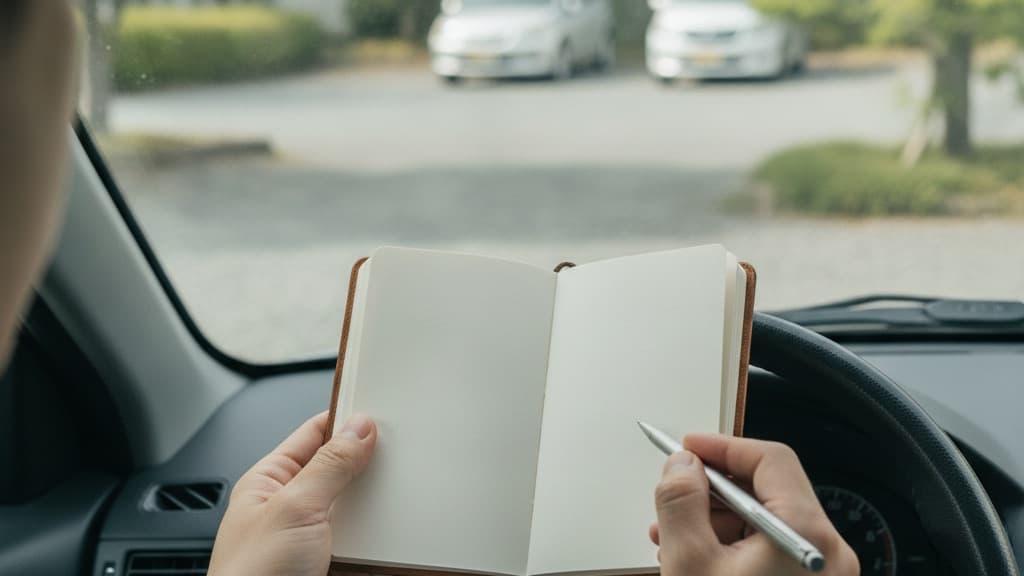 停めた車の運転席で、ハンドルの上に開いたメモ帳を置き、ペンを持って書き込もうとしている手元