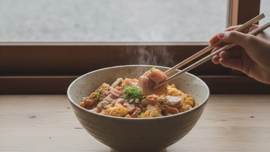 窓際の木のカウンターに置かれた、湯気の立つ丼。箸で具をひと切れ持ち上げている