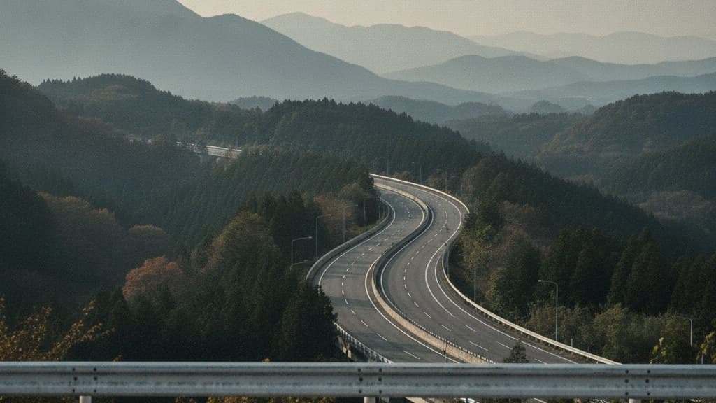 高台から見下ろした、山あいをカーブしながら延びる高速道路。手前にガードレール、奥に霞んだ山並み