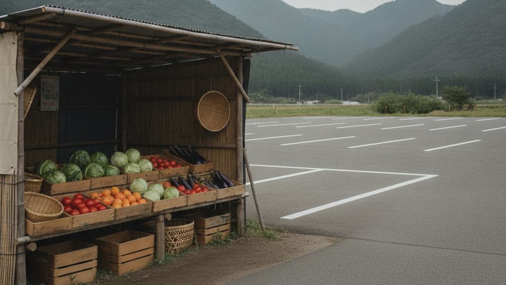 木箱に並んだキャベツやトマトが売られている道の駅の直売所と、その先に広がる区画線の引かれた駐車場