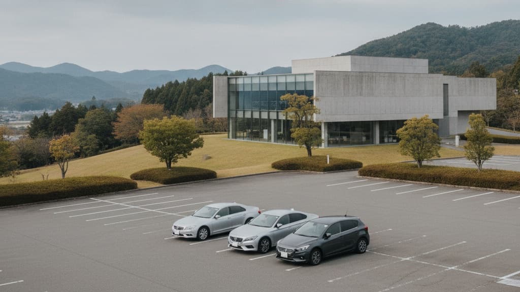 丘の上に建つコンクリートとガラスの美術館と、白線を引いた広い来館者用駐車場に停まる数台の車