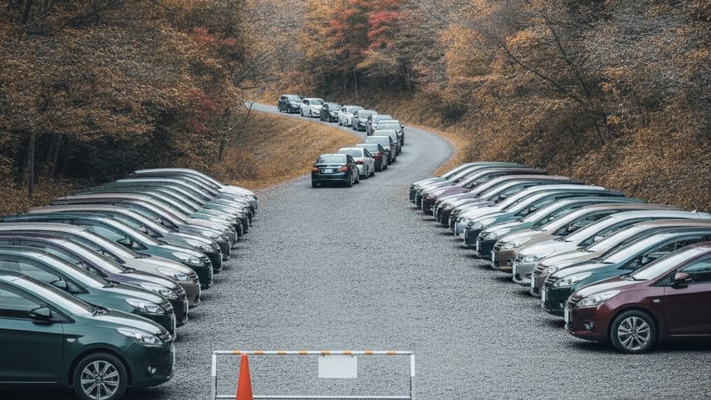 紅葉した山あいの砂利敷きの臨時駐車場に、車がびっしり2列に並び、その先の道路にも車が数珠つなぎになっている
