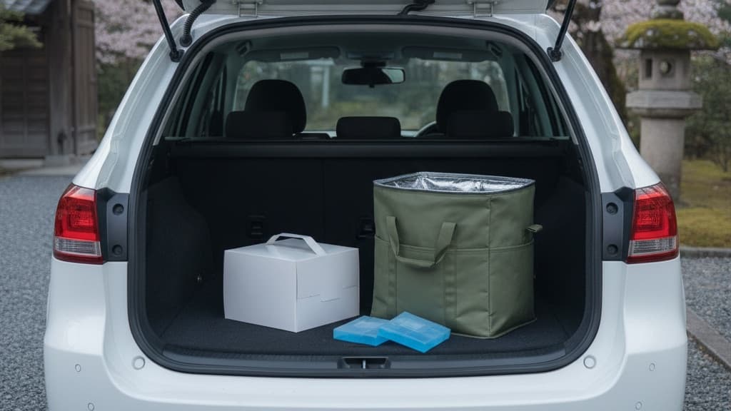 開いた荷室に、持ち手のついた白いケーキ箱と、口を開けた保冷バッグ、2枚の青い保冷剤が置かれている