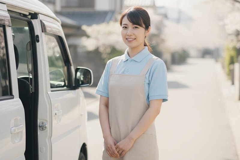 送迎車両の横に立つ訪問介護スタッフ