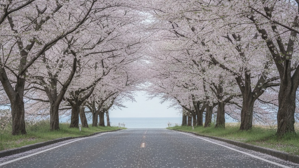 満開の桜のトンネルになった二車線の道。路面に花びらが散り、正面の奥に海が見えている