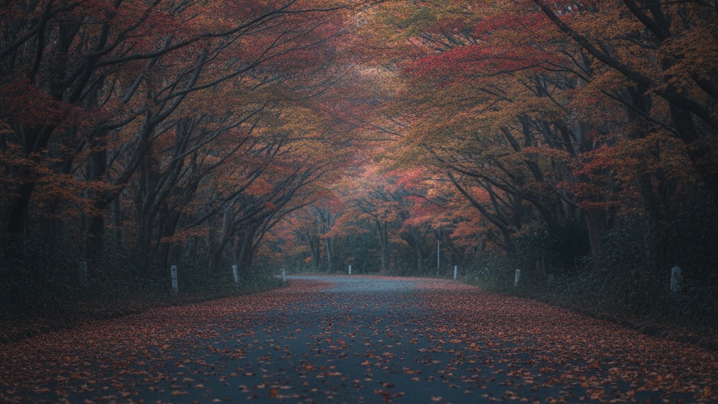 紅葉した木々がトンネルのように覆う舗装路。路面には落ち葉が散り、路肩に白いポールが並んでいる
