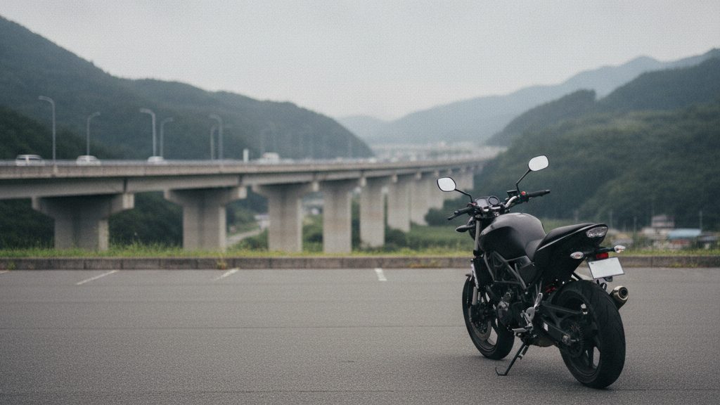 山あいの駐車場に停めた黒いバイクを斜め後ろから写した写真。奥の谷を、車が走る高架の高速道路が横切っている