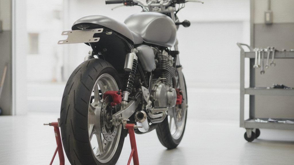 明るい整備工場の床で、銀色のタンクのバイクが赤いスタンドに載せられ、後ろ斜めから後輪とブレーキとマフラーが見えている。奥の台車にはスパナが掛かっている