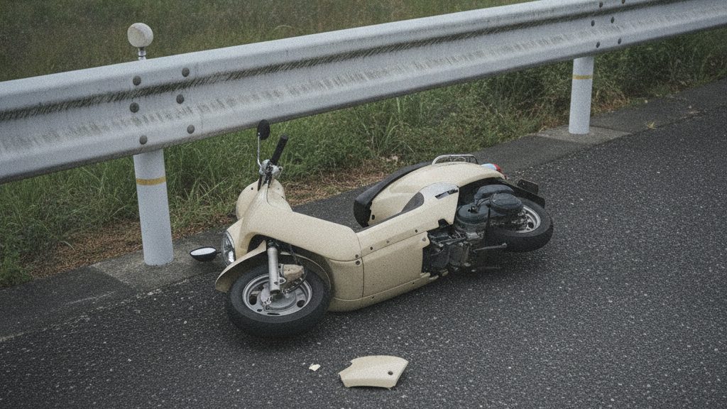 ガードレール脇の路肩に横倒しになったクリーム色のスクーターと、路面に落ちた割れた樹脂の破片