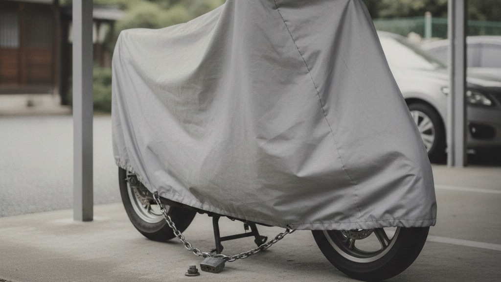 屋根つきの駐輪スペースで、カバーをかけたバイクの後輪から太いチェーンが地面のアンカーへ伸び、南京錠でとめられている