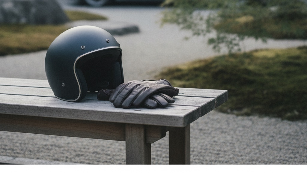 木のベンチに並べて置かれた、つや消しのヘルメットと革のグローブ