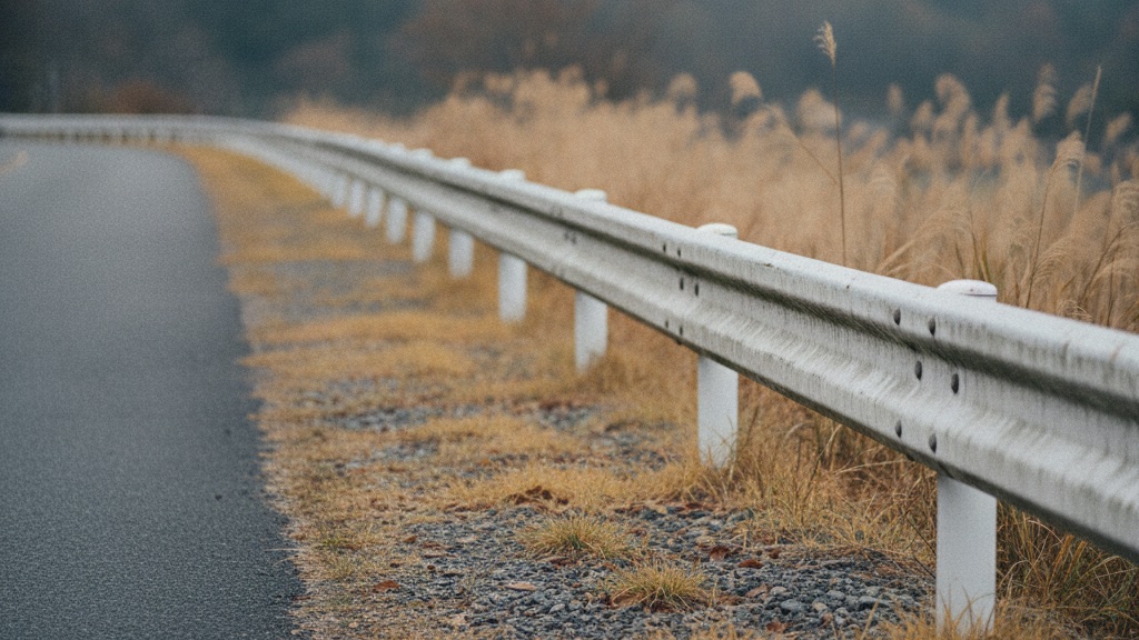 白いガードレールと、その足元の砂利と枯れ草。左端に空いた舗装路が見えている