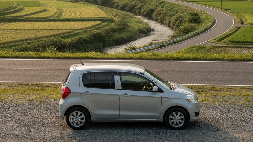 田んぼと川を見下ろす道路わきの砂利の路肩に、銀色の小型ハッチバックが横向きに停まっている