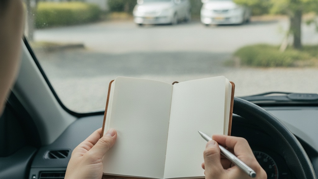 停めた車の運転席で、ハンドルの上に開いたメモ帳を置き、ペンを持って書き込もうとしている手元