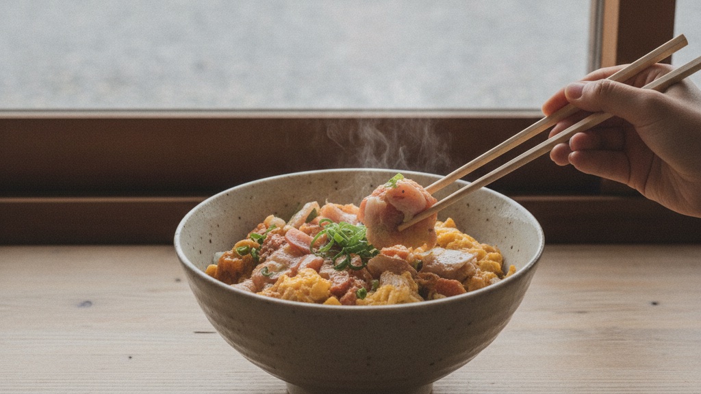 窓際の木のカウンターに置かれた、湯気の立つ丼。箸で具をひと切れ持ち上げている
