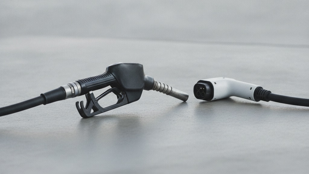 コンクリートの床に並べて置かれた、給油ノズルと電気自動車の充電コネクタ