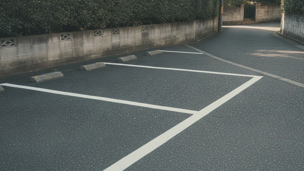 住宅街の道路脇に白線で区切られた二つの駐車枠。奥にブロック塀と生け垣が続いている