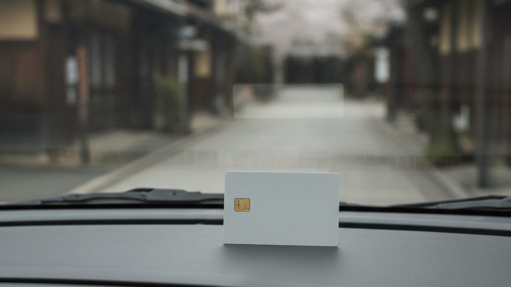 車のダッシュボードに立てかけた、金色のICチップだけが付いた何も印刷されていない白いカード。フロントガラスの向こうに、ぼけた木造の町並みの道が見える