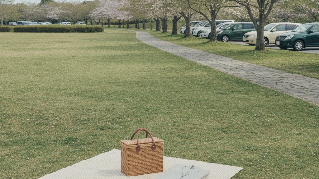 広い芝生の手前にレジャーシートとかご、奥の桜並木の向こうに車が並んだ駐車場が見えている公園