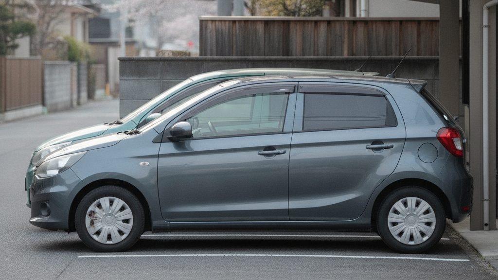 住宅の脇の駐車スペースに、灰色の小型車と、その奥に緑色の小型車が並んで停まっているのを真横から写した写真