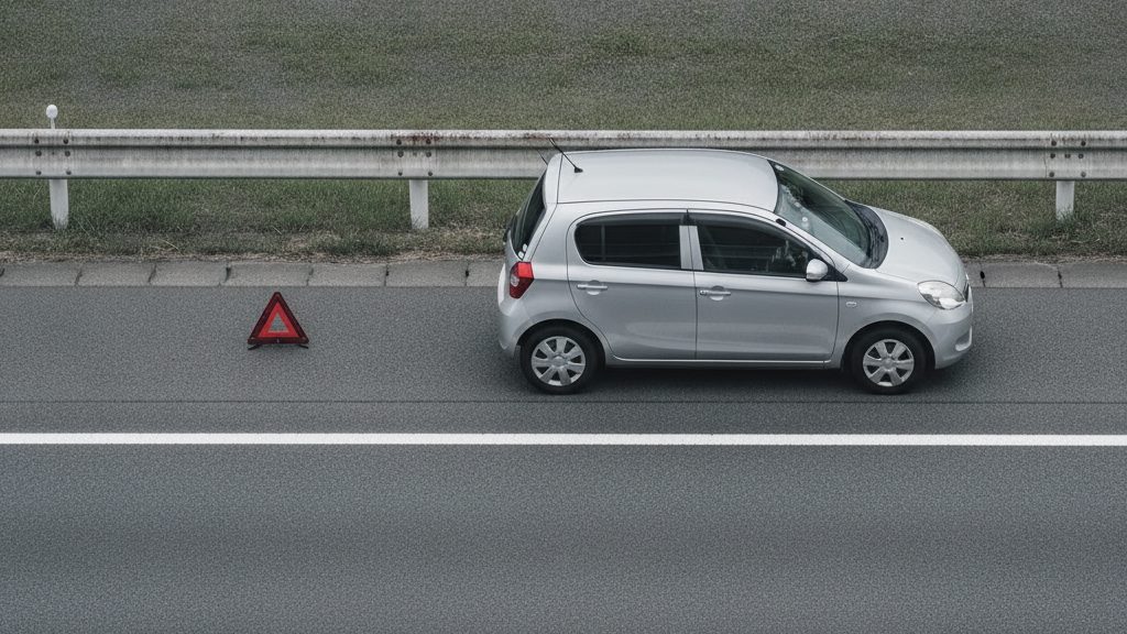 高速道路の広い路肩に止まった銀色の小型車と、その後方の路肩に立てた赤い三角表示板