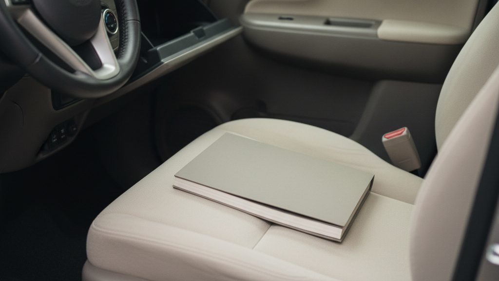 車の助手席の前でグローブボックスが開いていて、厚みのある冊子が座席の上に置かれている