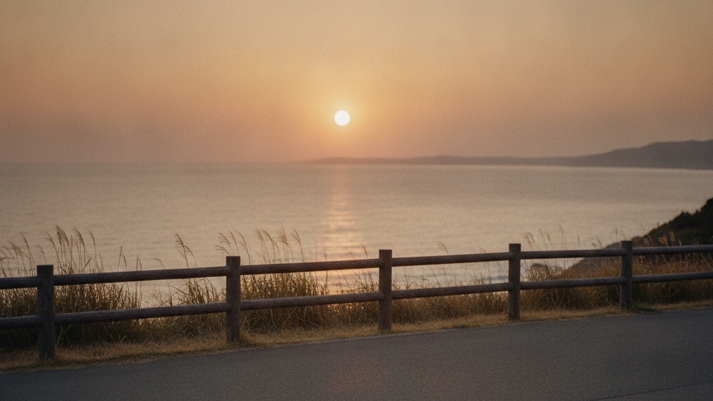 水平線に沈みかけた夕日と、その手前にある木の柵と舗装された展望スペース