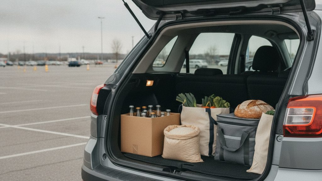 広い平面駐車場に停めた車の荷室が開いていて、瓶の入った段ボール箱、米袋、野菜の入った布のトートバッグ、灰色の保冷バッグとその上のパンが積まれている