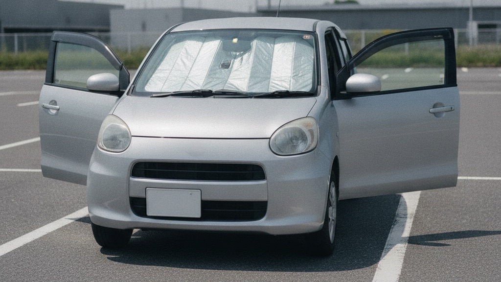 真夏の駐車場で、フロントガラスにサンシェードを立て、運転席と助手席の両方のドアを開けて熱を逃がしている銀色の小型車