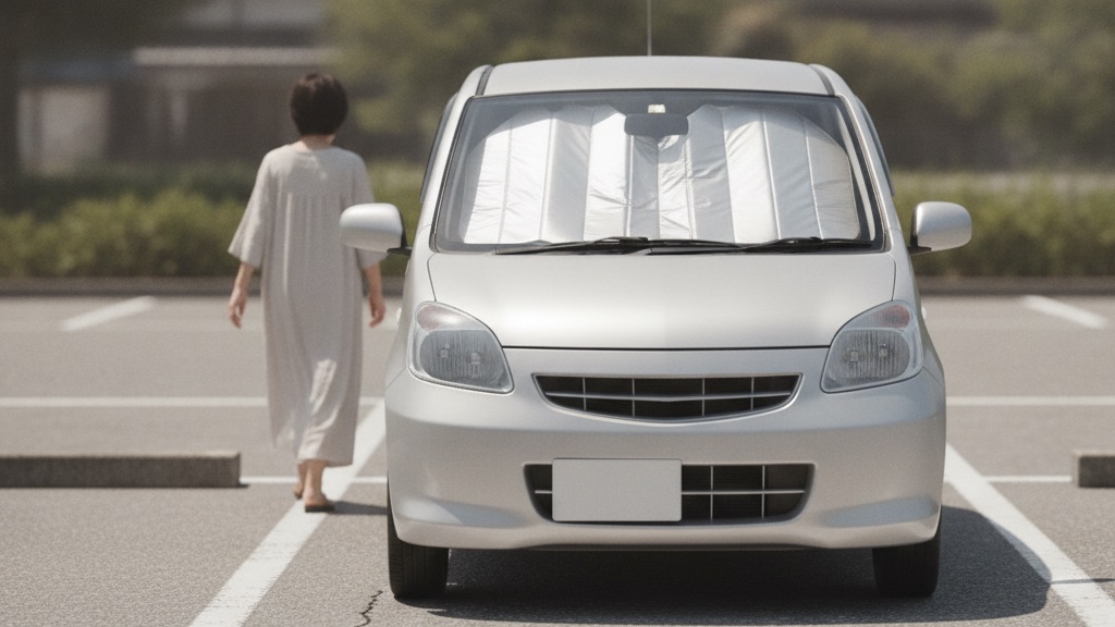 真夏の強い日差しの駐車場。フロントガラスにサンシェードを立てた銀色の小型車と、その運転席側へ歩み寄る人の後ろ姿