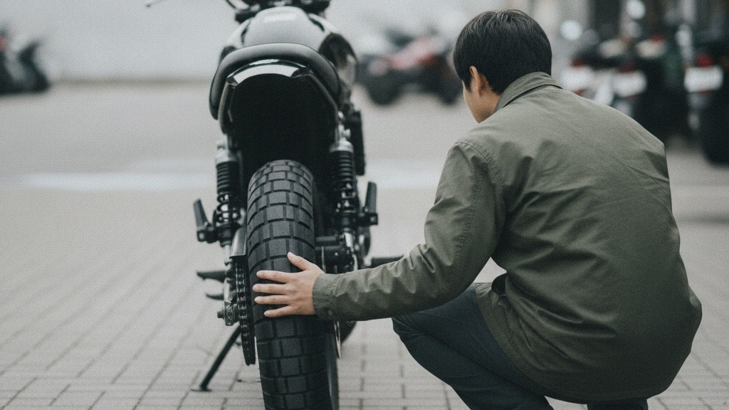 バイク店の店先でしゃがみ、停まっているバイクの後輪に手を当ててタイヤとチェーンを見ている人の後ろ姿