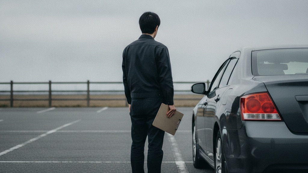 屋外の駐車場で、作業着の人が板ばさみを片手に持ち、停まっている車の脇に立って車体を見ている後ろ姿