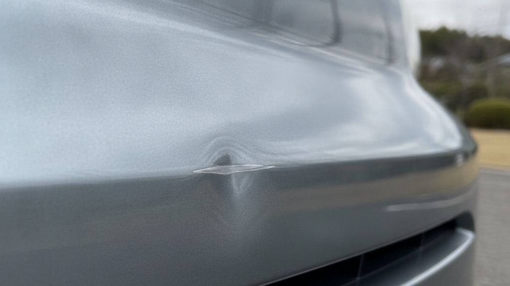 車のフェンダーにできた浅いへこみと、その脇の短い擦り傷