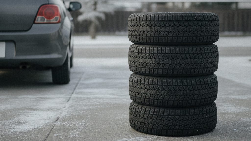 うっすら雪と霜が残るコンクリートの駐車場に、溝の細かい冬用タイヤが4本積み重ねて置かれ、左奥に灰色の車の後ろ姿が見える