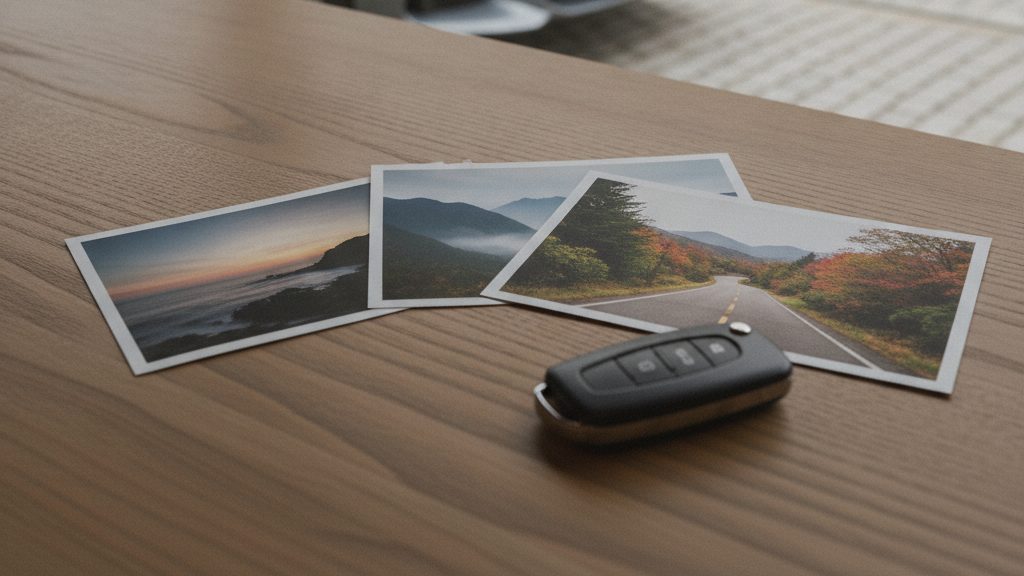 木のテーブルに、海や山の風景を写した写真が数枚広げられ、そばに車の鍵が置かれている