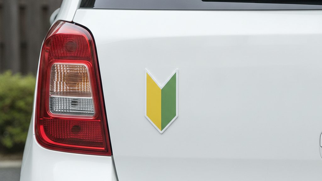 白い小型車の後ろのハッチに、テールランプと同じくらいの高さで、黄色と緑の初心者マークが貼られている